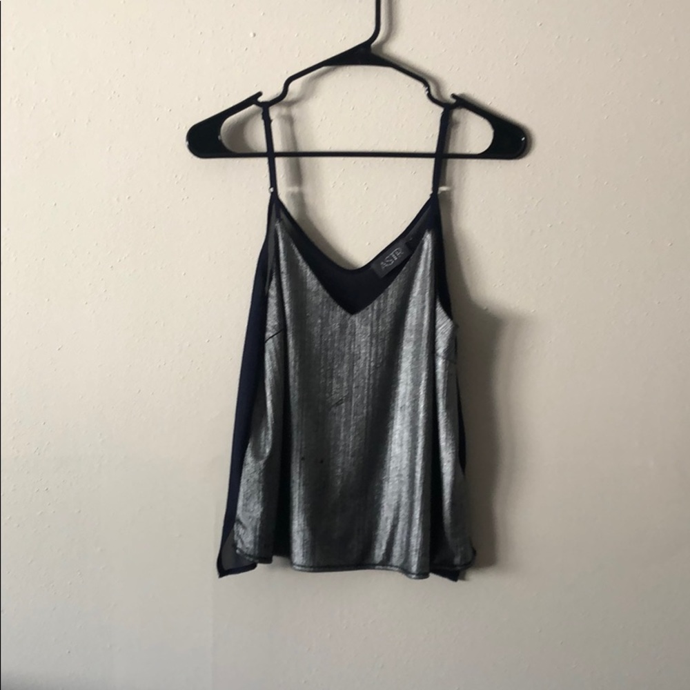 silver metallic and navy cami top by ASTR